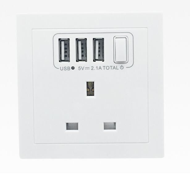 Flame Retardant PC 50HZ 2.1A 3 USB Wall Socket Tin Phosphor Bronze For Hotel , Villa