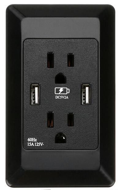 Black Double Wall Socket With USB American Standard Panel Security Anti - Drop