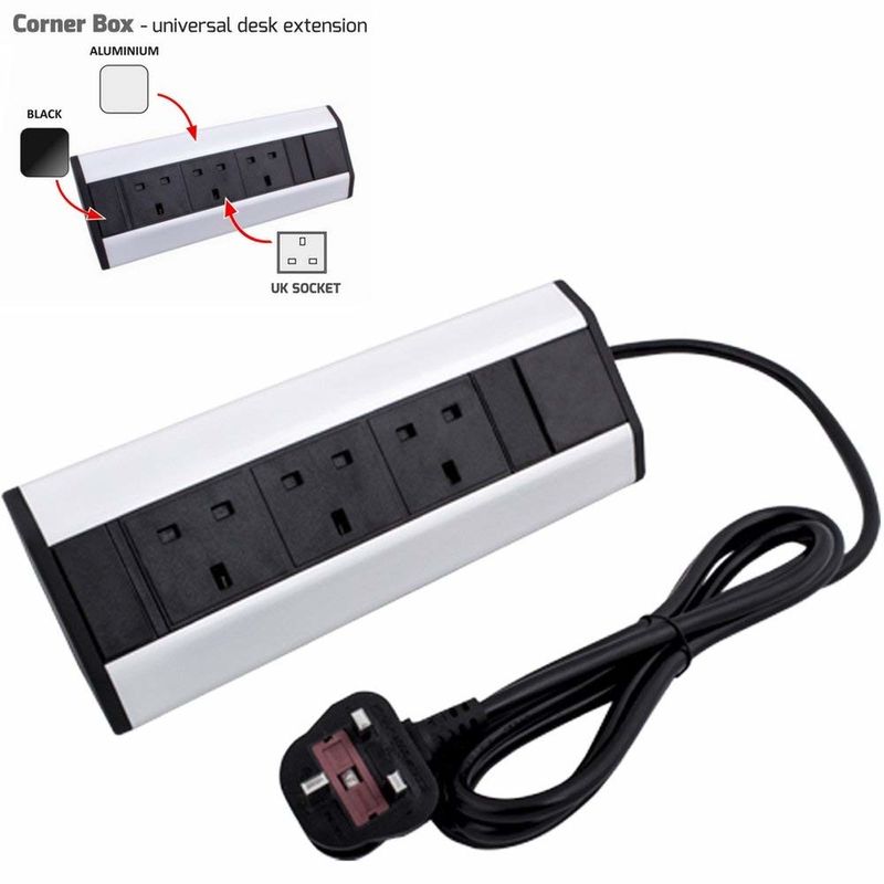 UK Plug Desk Mount Power Strip Aluminum Corner 3 Way Extension Lead